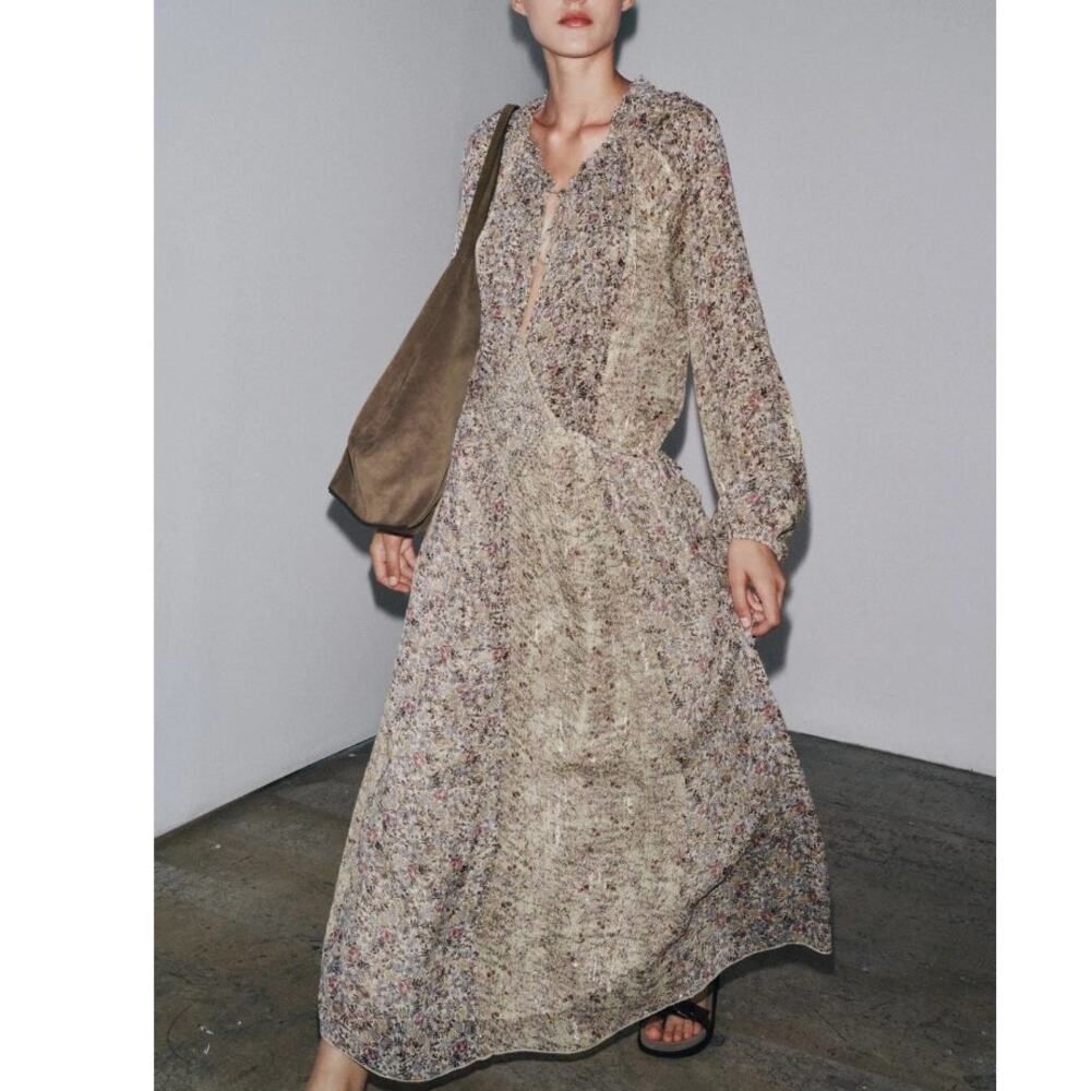 Zara ZW Collection Metallic Thread Floral Patchwork Maxi Dress Size S